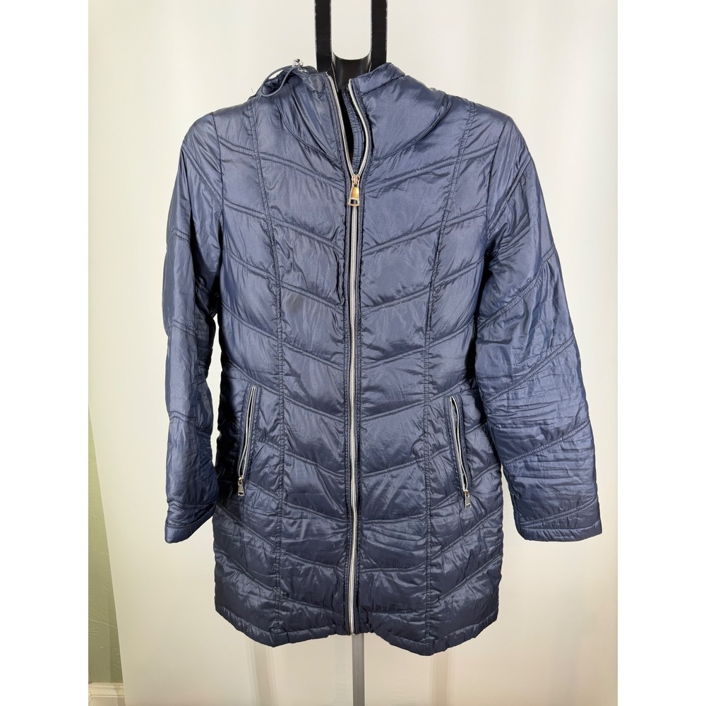 Calvin Klein Womens Navy Blue Hooded Puffer Jacket Chevron Quilted Coat Small